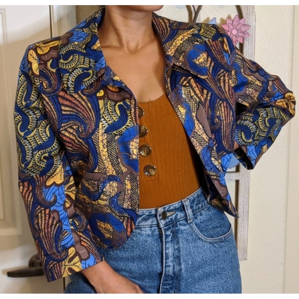 Vintage Harve Benard Collection Blazer Jacket Floral Cropped Blue Yellow Size 6